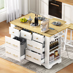 Load image into Gallery viewer, White Kitchen Island on 5 Wheels With 6 Drawers Drop Leaf & Power Outlet