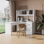 Load image into Gallery viewer, L-Shaped Antiqued White Computer Desk With 2 Drawer & 2-Tier Open Shelf