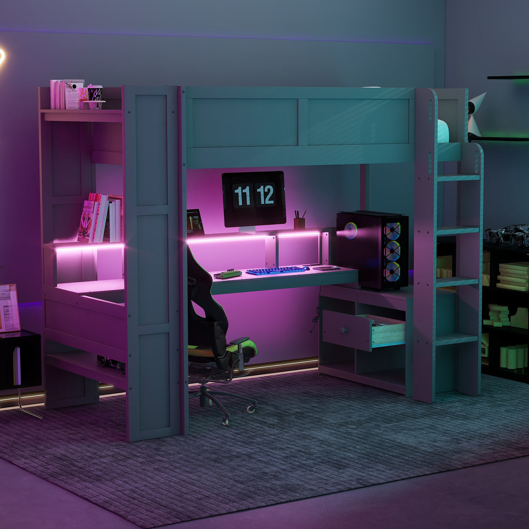 Wood Twin Size Gaming Loft Bed with Desk Multi-storage Shelves LED and Charging Station