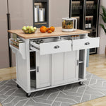 Load image into Gallery viewer, White Kitchen Island Cart on 4 Wheels with Rubber wood Drop-Leaf Countertop