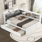 Load image into Gallery viewer, Wood Full Size platform White bed with Trundle Shelves and Storage Headboard