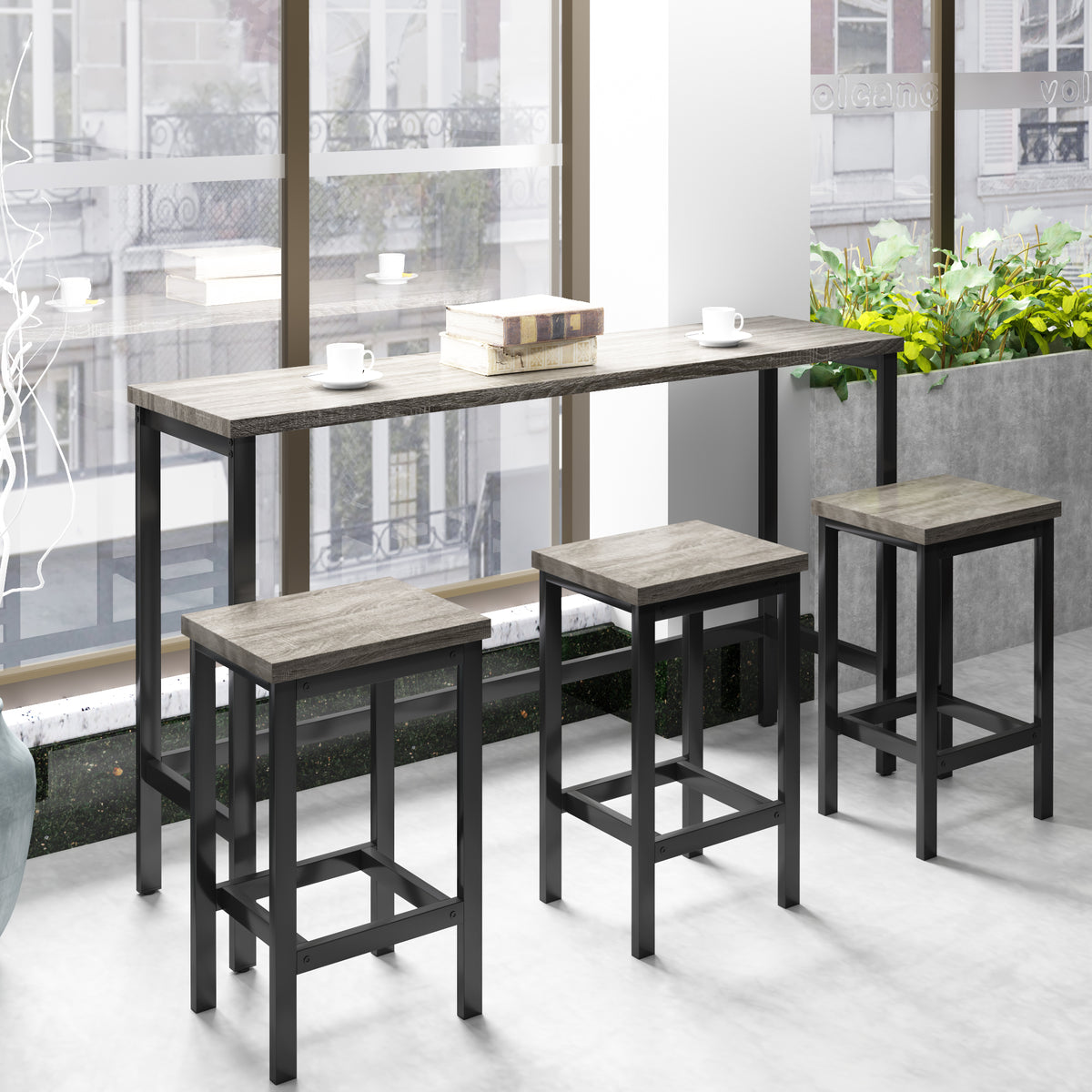 Counter Height Extra Long Gray Dining Table Set with 3 Stools – Mossmuse