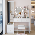 Load image into Gallery viewer, Full Body Mirror Cabinet Round Mirror LED Vanity Table + Cushioned Stool