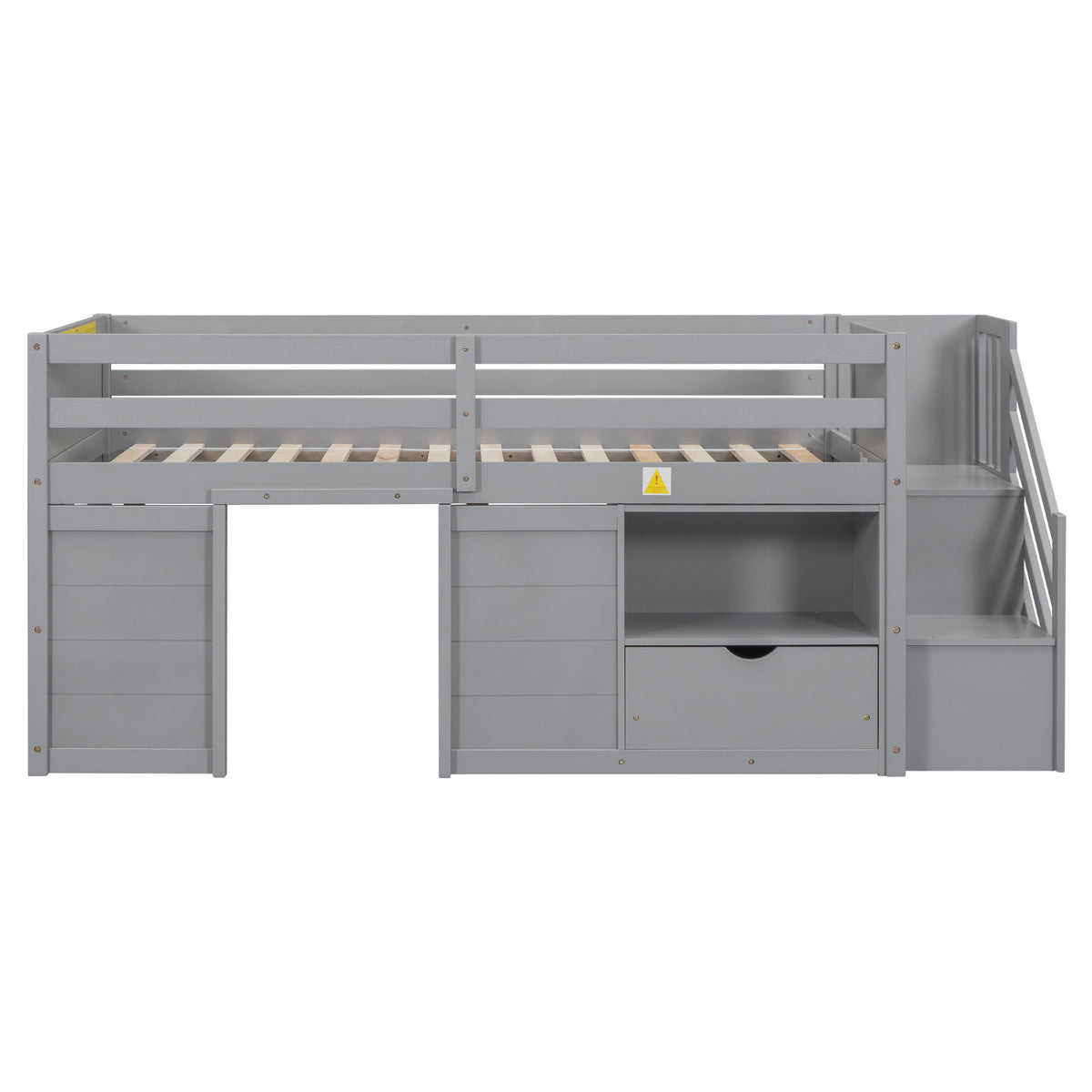 Solid Wood Grey Twin Size Low Loft Bed With Stair Drawer & Shelf – Mossmuse