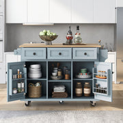 Grey Blue Kitchen Island on 5 Wheels with Storage Cabinet & 3 Drawers
