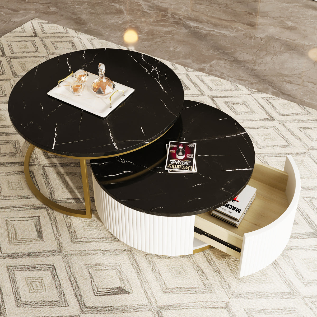 Modern Round Nesting Coffee Table Fluted with Drawer – Mossmuse