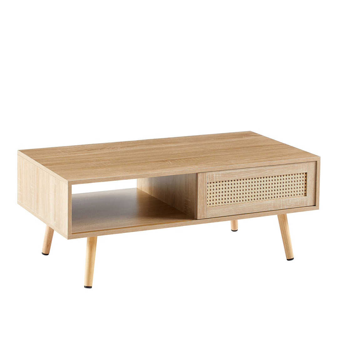 41.34' Modern Solid Wood Legs Rattan Coffee Table With Sliding Door for Storage