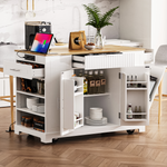 Load image into Gallery viewer, Fluted White Kitchen Island on 5 Wheels with Trash Can Storage Cabinet Power Outlet