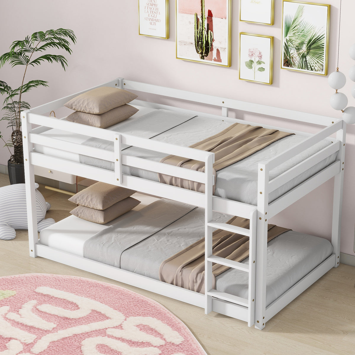 White Solid Rubber Wooden Twin over Twin Floor Bunk Bed with Ladder ...