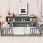 Load image into Gallery viewer, Multifunctional Full Floor Grey Bed with Side Bookcase Shelves Guardrails