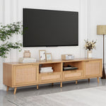 Load image into Gallery viewer, Modern Farmhouse Rattan TV Stand with Solid Wood Legs for TVs up to 85''