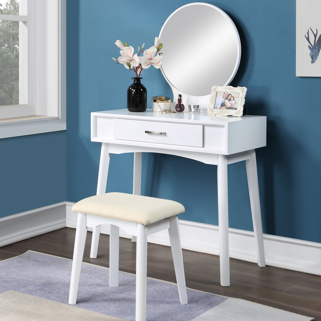 Contemporary Wood White Makeup Vanity and Stool Set