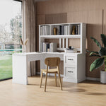 Load image into Gallery viewer, L-Shaped Antiqued White Computer Desk With 2 Drawer &amp; 2-Tier Open Shelf
