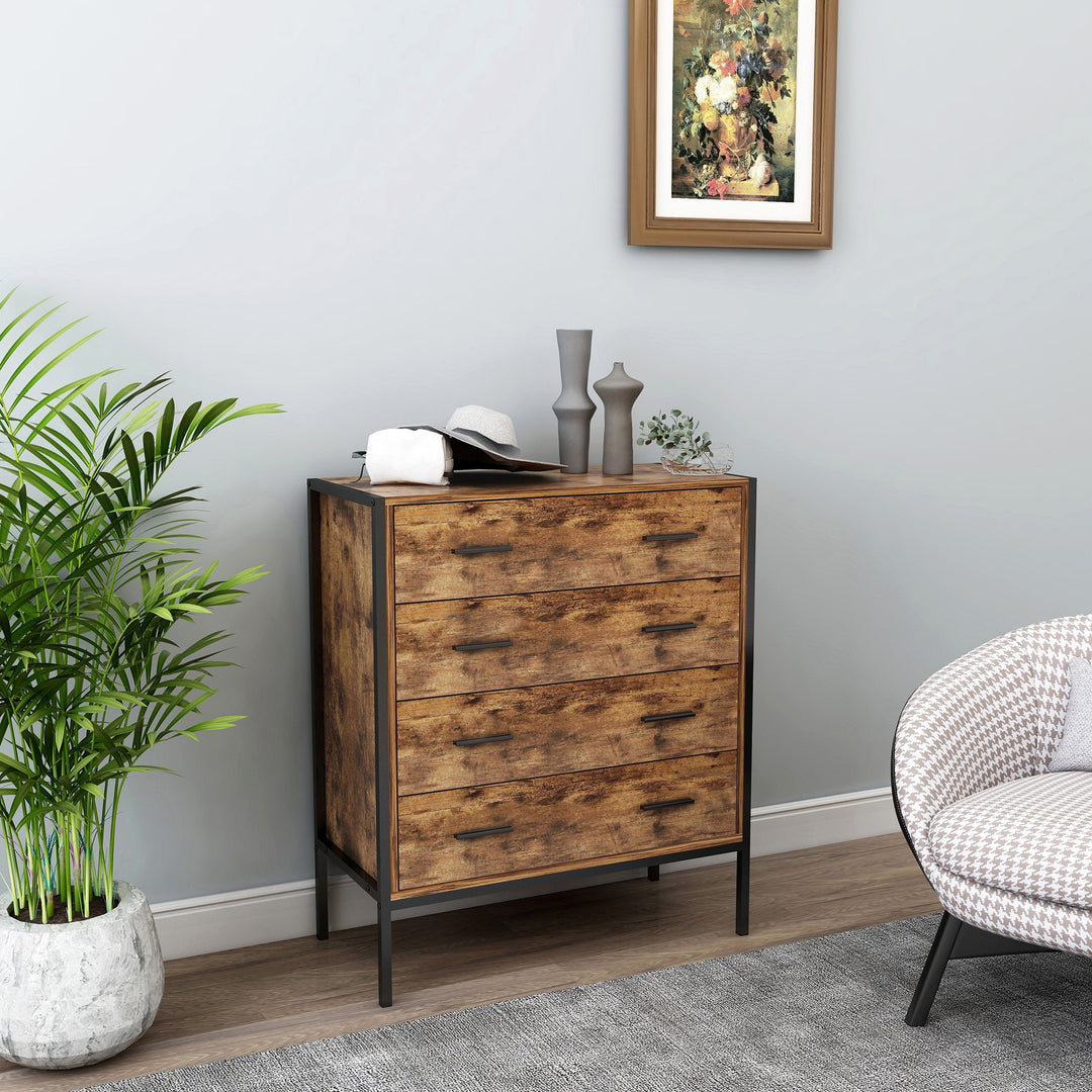 Rustic Brown Wood Storage Dresser Clothes Organizer with Sturdy Steel Frame