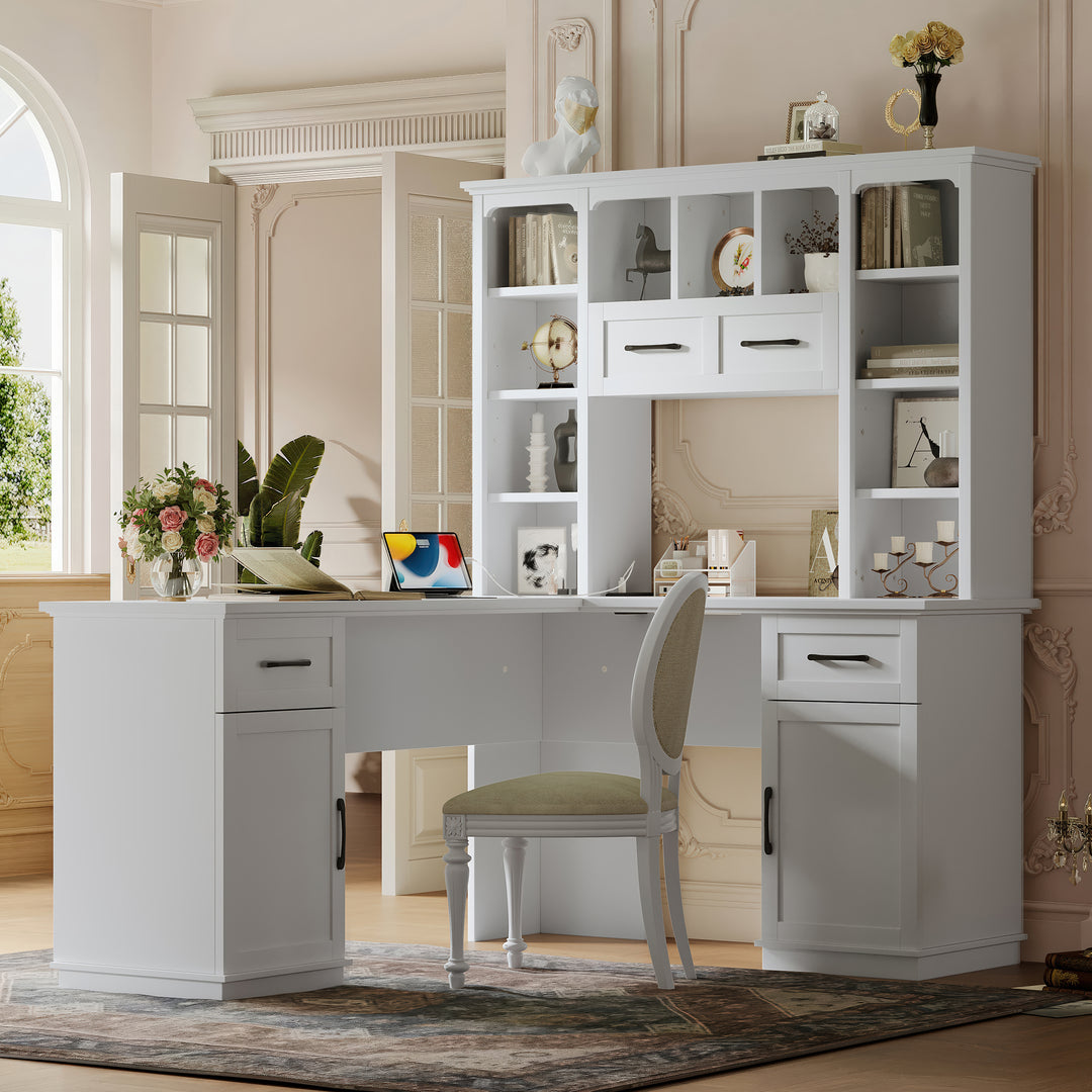 L-Shaped White Computer Desk with 2 Cabinets 2 Drawers Open Shelves & Power Outlet