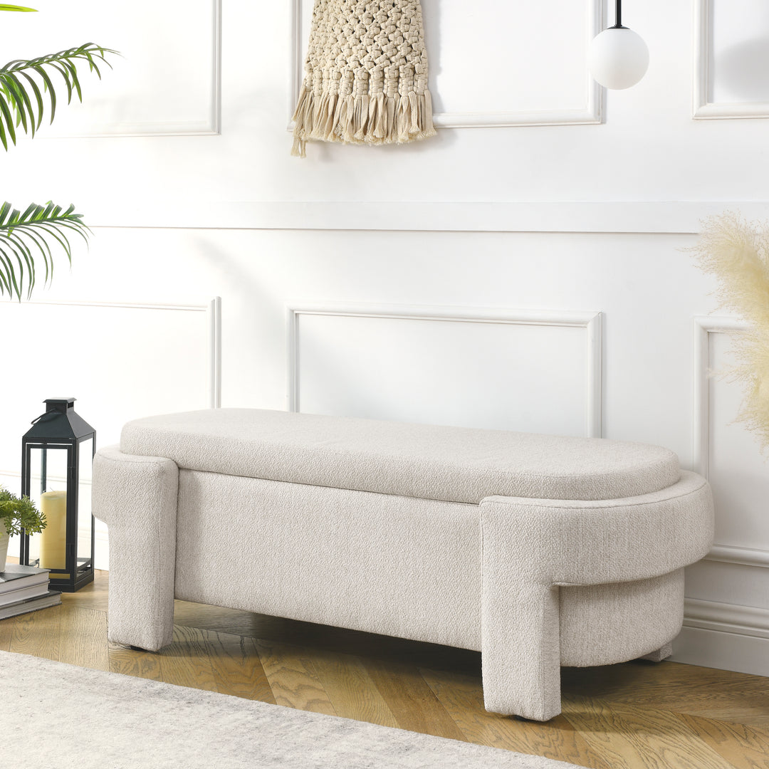 Linen Fabric Upholstered Beige Bench with Large Storage Space