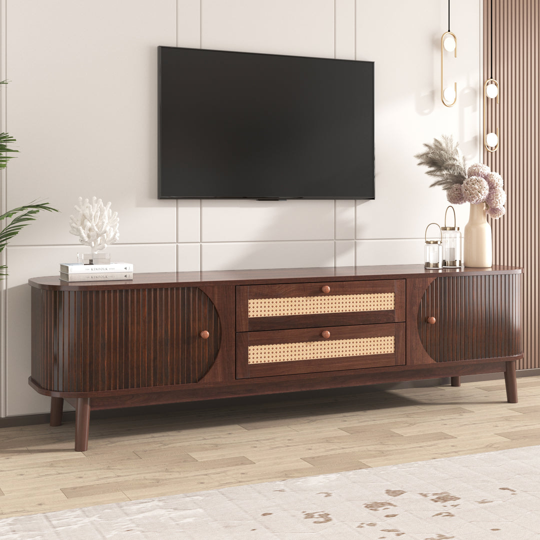 Modern Farmhouse Solid Wood Legs Media Console Rattan TV Stand for TVs up to 75''