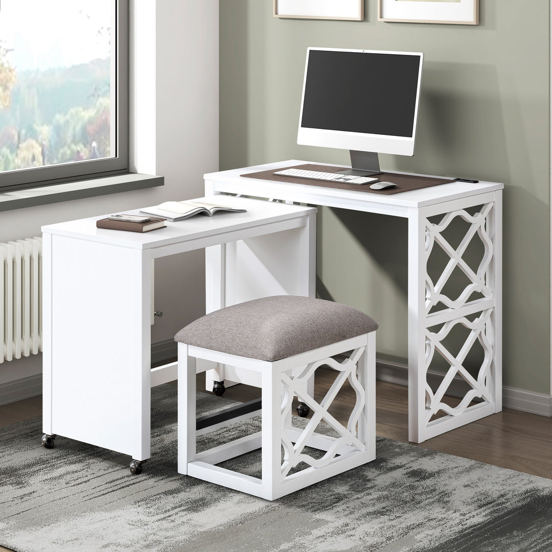 Computer Desks and Stool Set 3pc White Finish Rolling Desk with Casters 2 Charging Pports