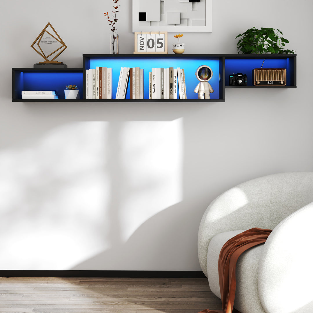65.35 in Wall Mounted Floating TV Stand with 20 Color LEDs and Charging Station