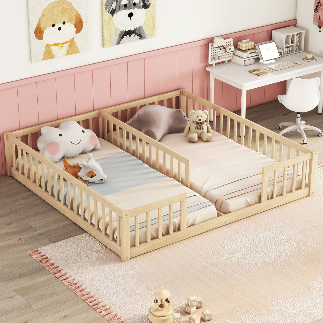 Double Twin Floor Bed with Fence Guardrails