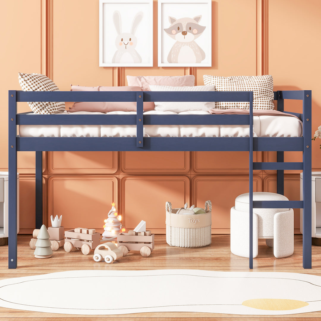 Rubber Wooden Blue Twin Loft Bed with Ladder
