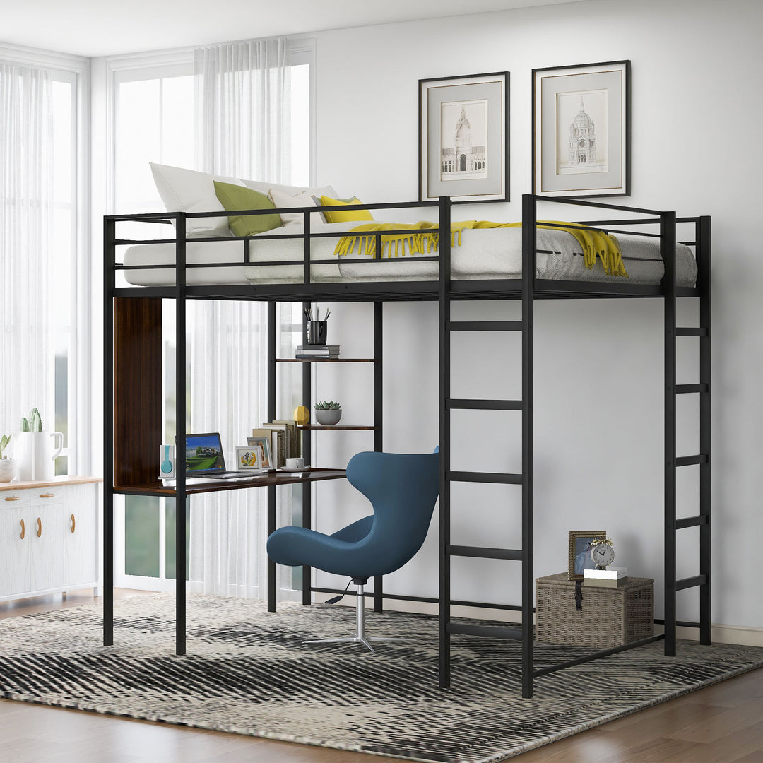 Black Full Size Metal Loft Bed with 2 Shelves & One Desk