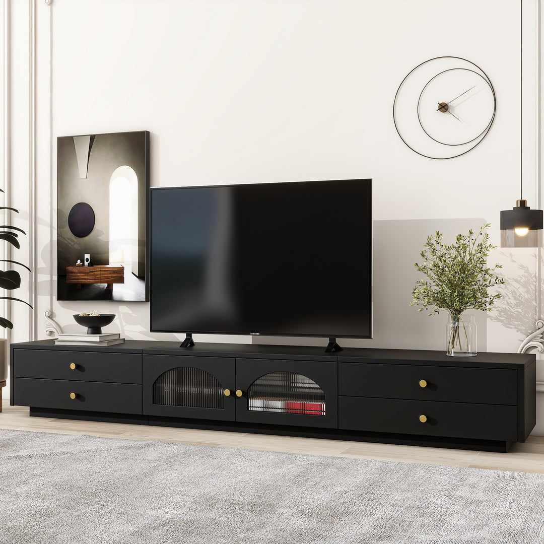 Luxurious Black TV Stand with Fluted Glass Doors for TVs Up to 95''