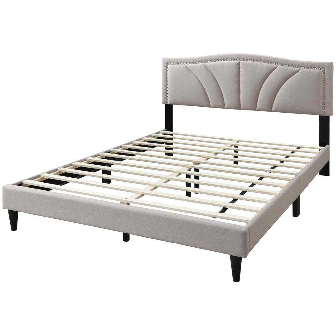 Modern Vintage Queen Size Bed Light Brown Nailhead Trim Accents Headboard Bedframe