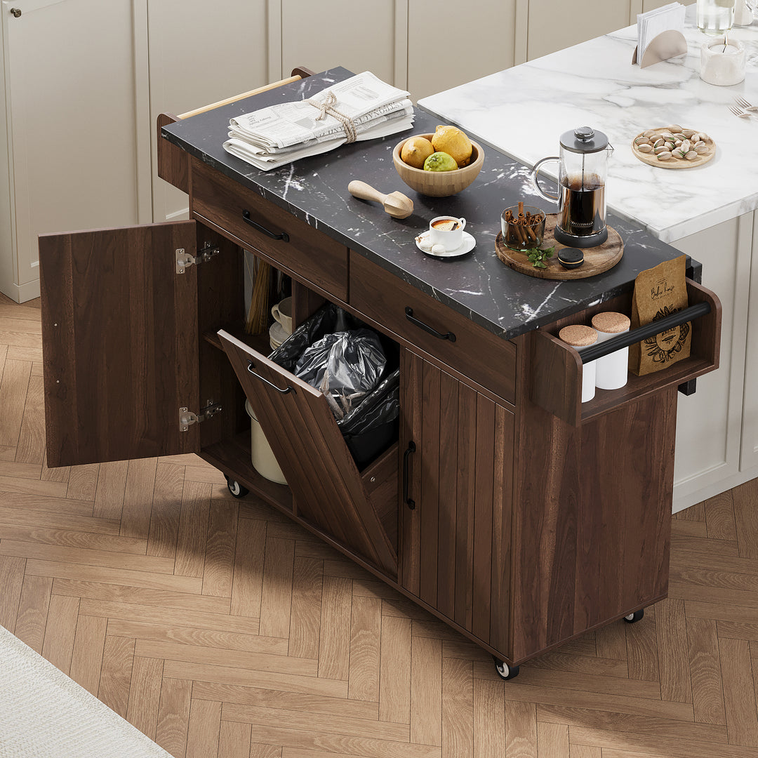 Walnut Brown Kitchen Island with Trash Can Storage Cabinet