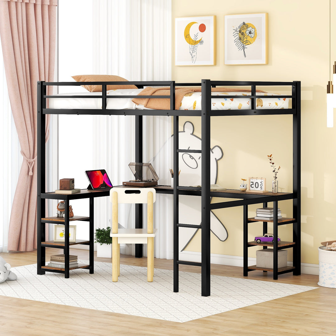 Black Full Metal Ladder Guardrails Loft Bed with Desk and Shelves