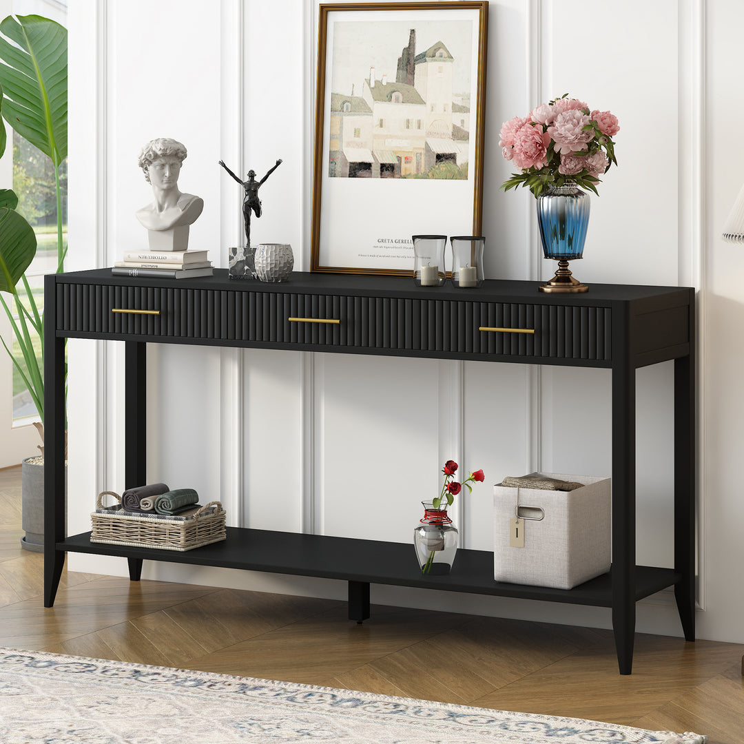 60'' Painted Black Entryway Console Table with 3 Drawers & Storage Shelf
