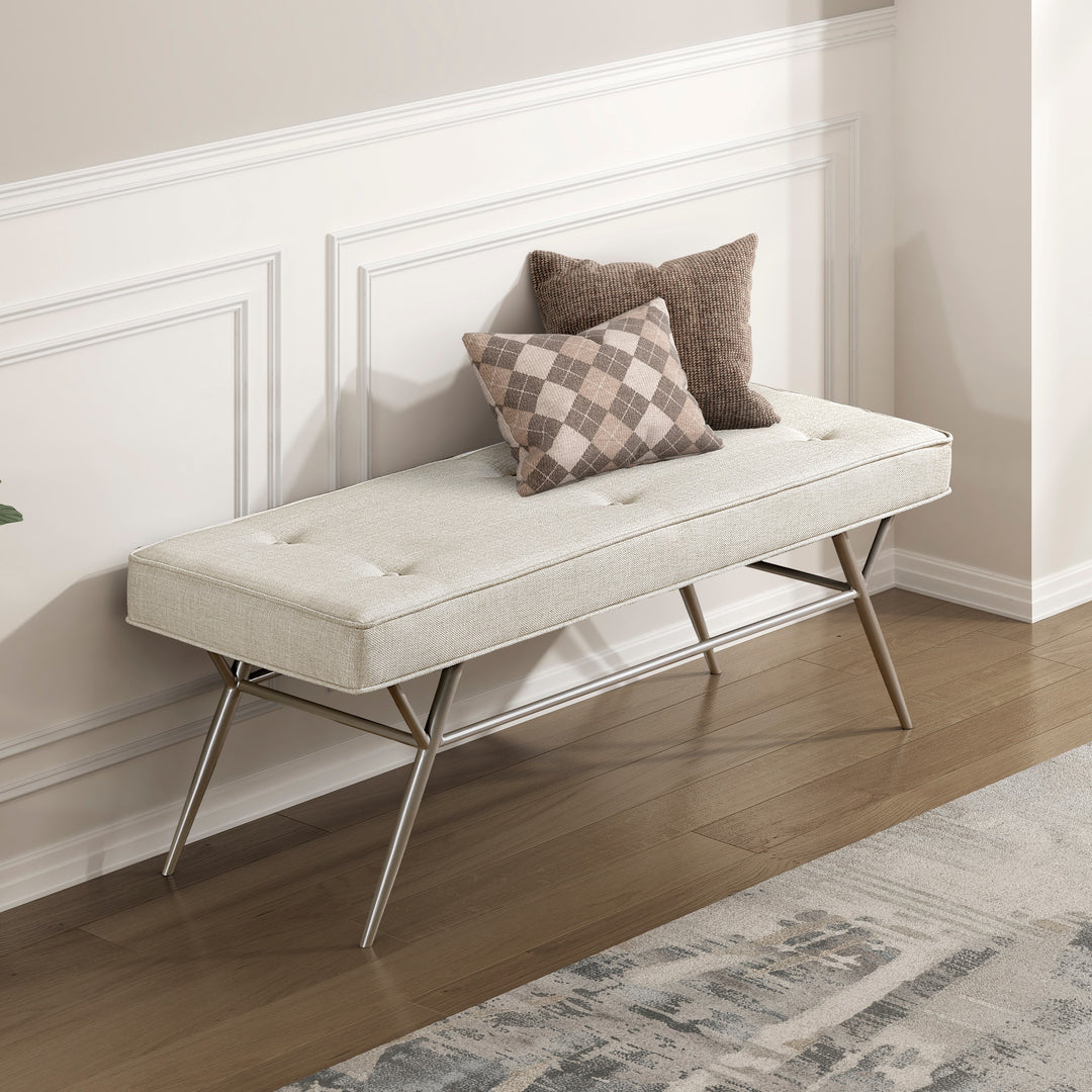 Contemporary Upholstered Plush Comfort Bench Beige Tufted Seat