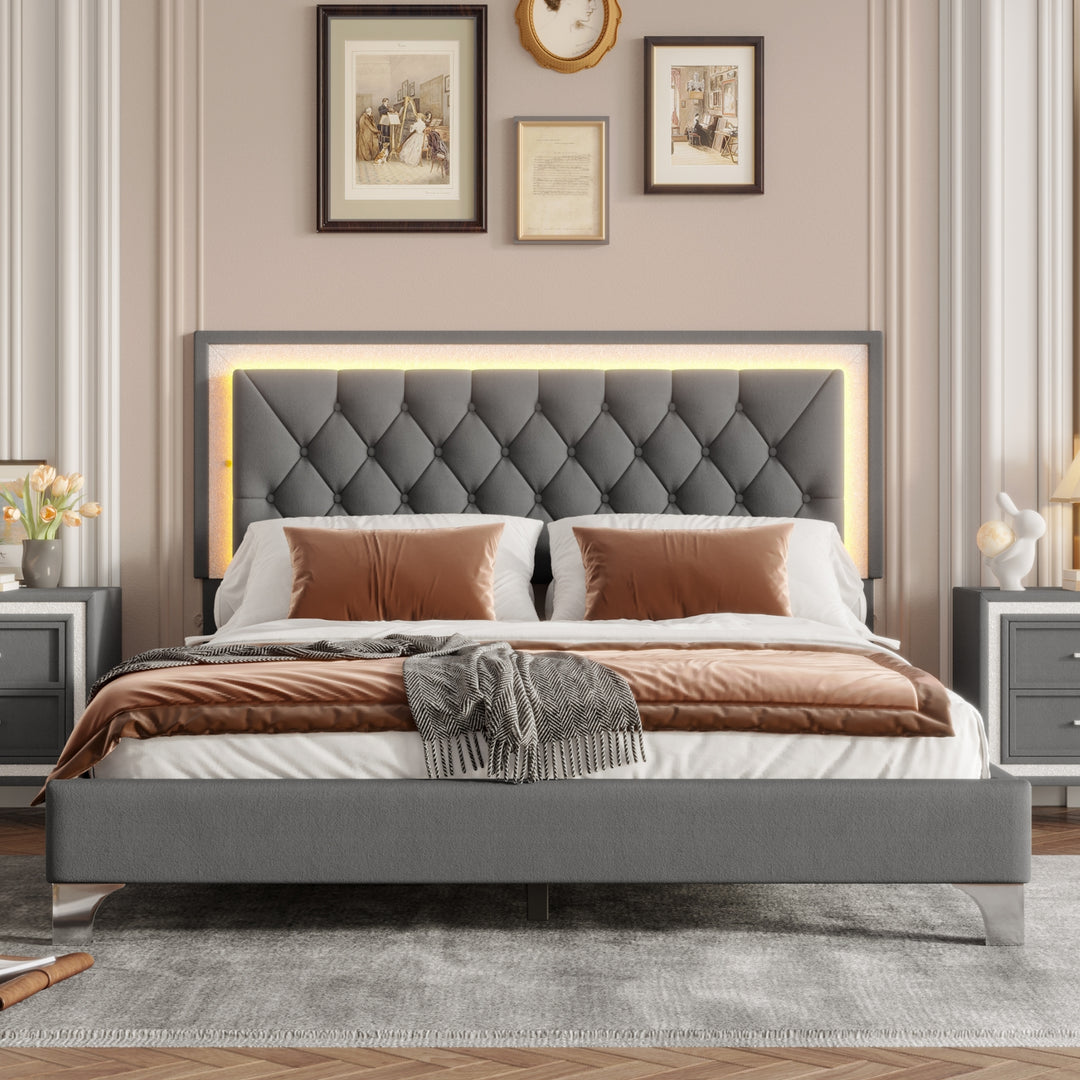 Modern Velvet Queen Size Upholstered Gray Bed Frame with LED Lights