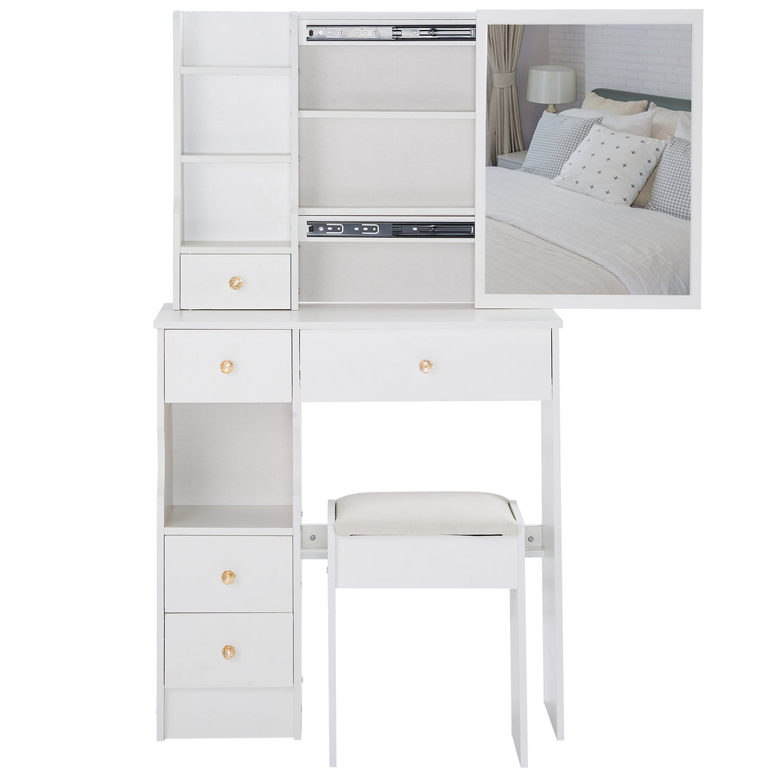 29.2' Small Space Left Drawer Desktop Vanity Table With Cushioned Stool
