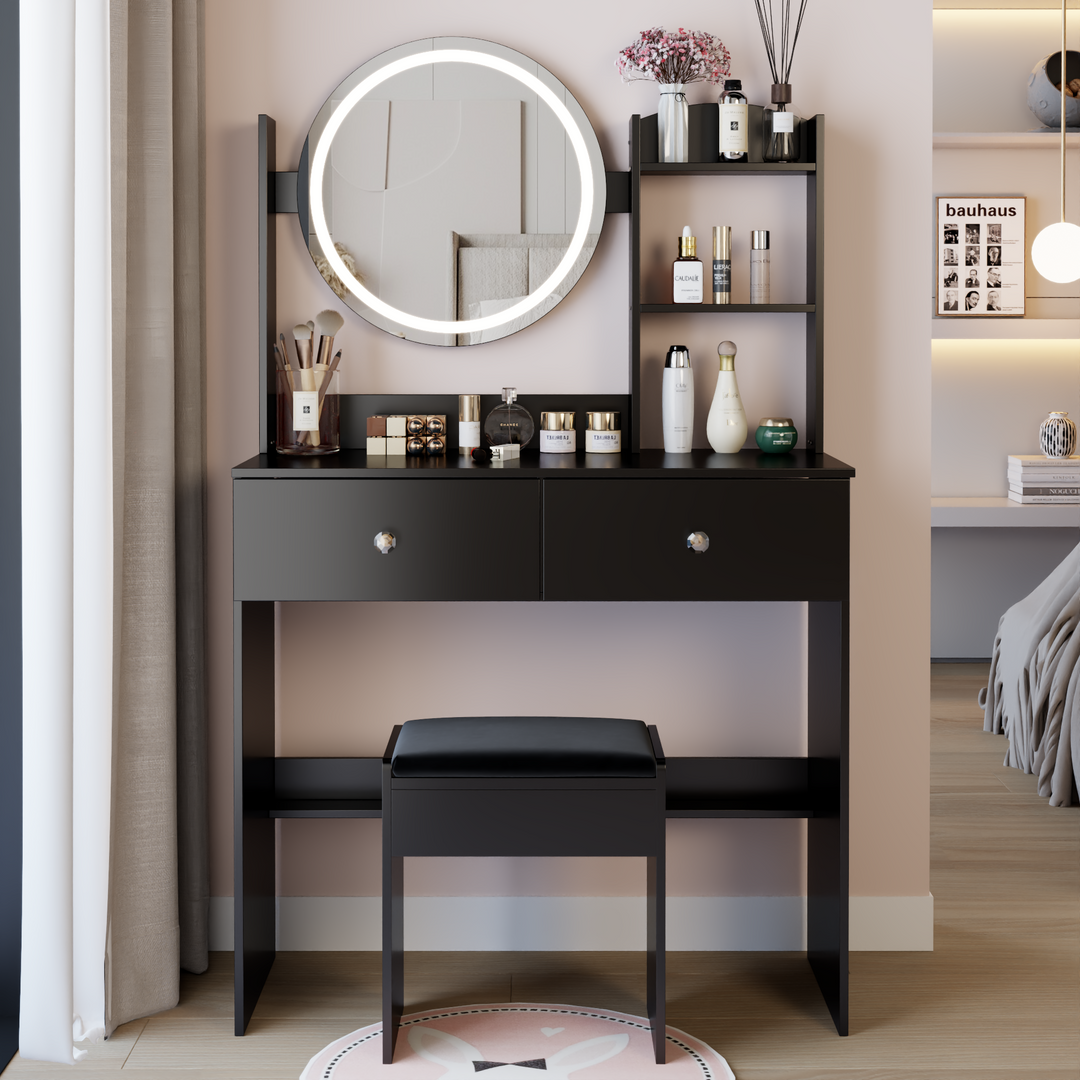 17' Round LED Mirror Vanity Table With Soft Cushion Stool Set