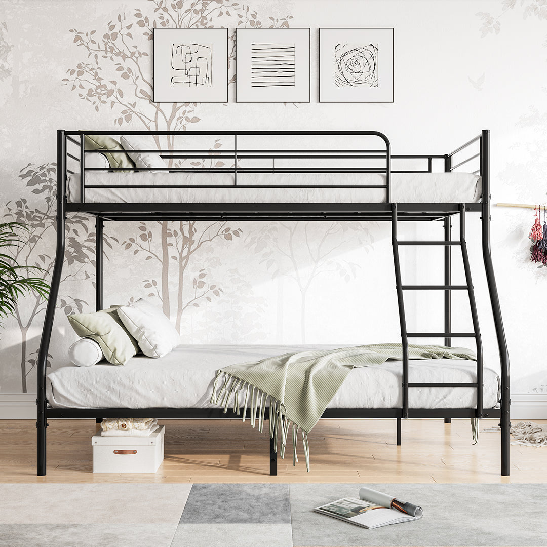 Heavy Duty Twin-Over-Full Metal Bunk Black Bed with Guardrail