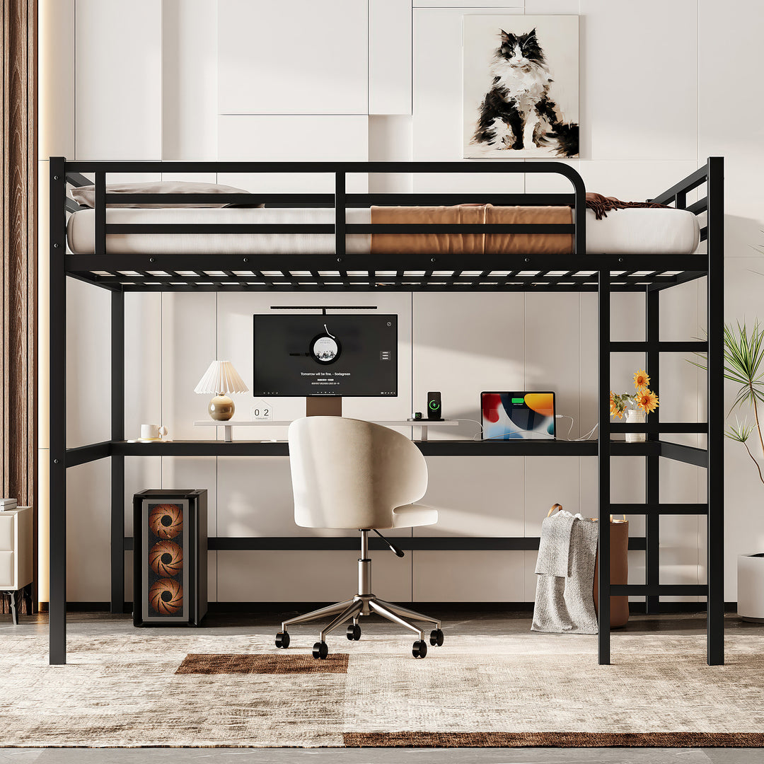 Metal Queen Size Loft Bed with Power Outlet and LED Lighted