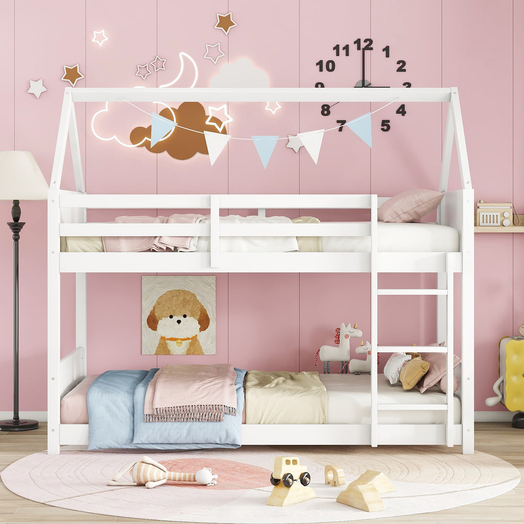 Twin Over Twin House Floor Bunk Bed with Headboards Ladder Guardrails