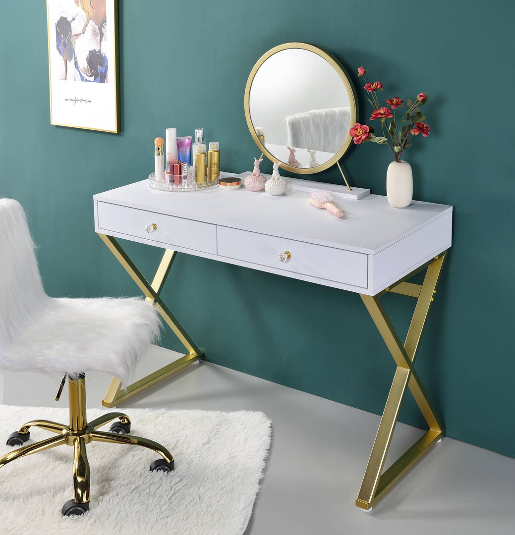 White & Gold Finish Vanity Desk With Mirror & Jewelry Tray