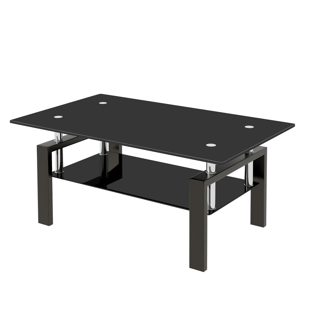 Modern Tempered Black Glass Coffee Table with 2-Layers