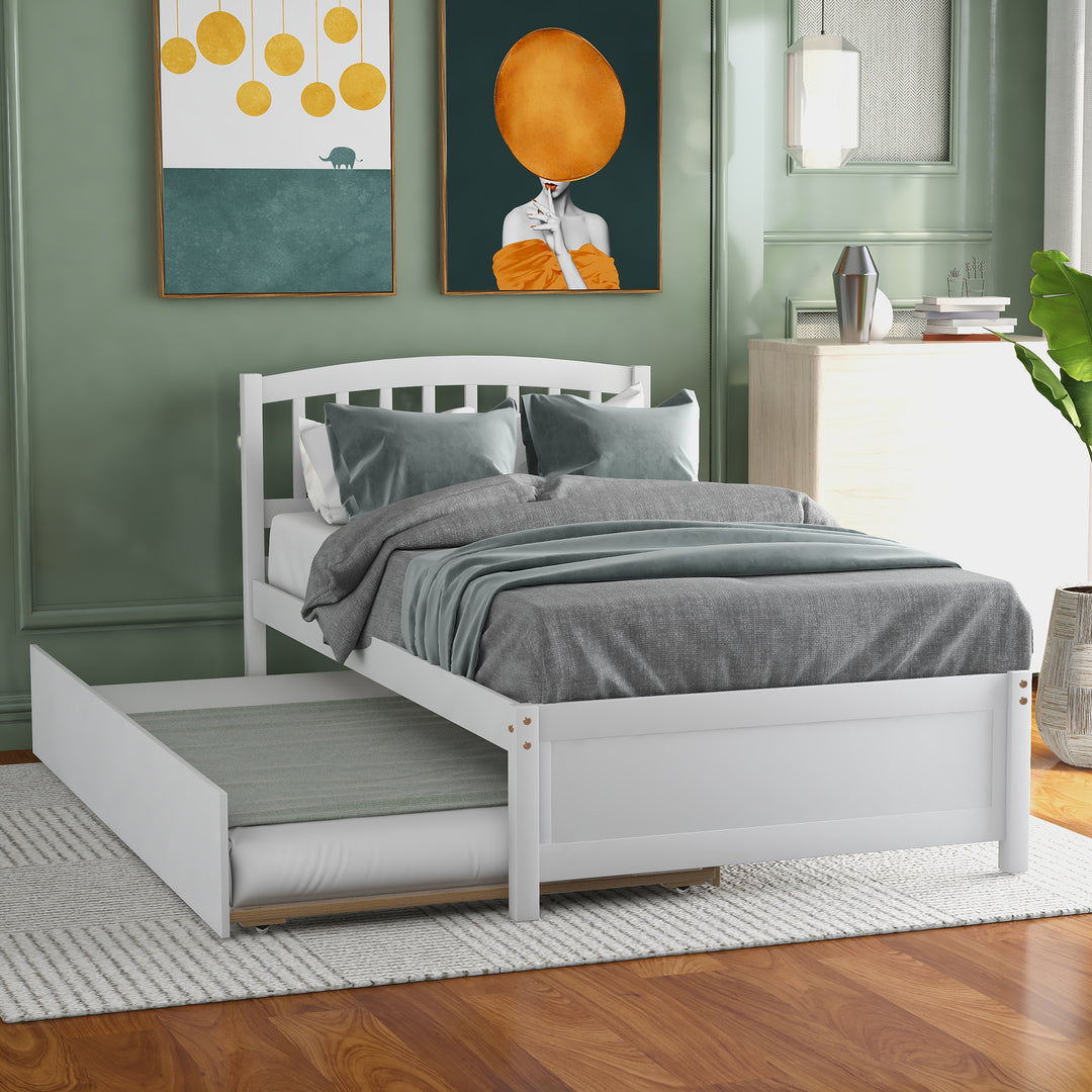 White Twin size Platform Bed Wood Bed Frame with Trundle