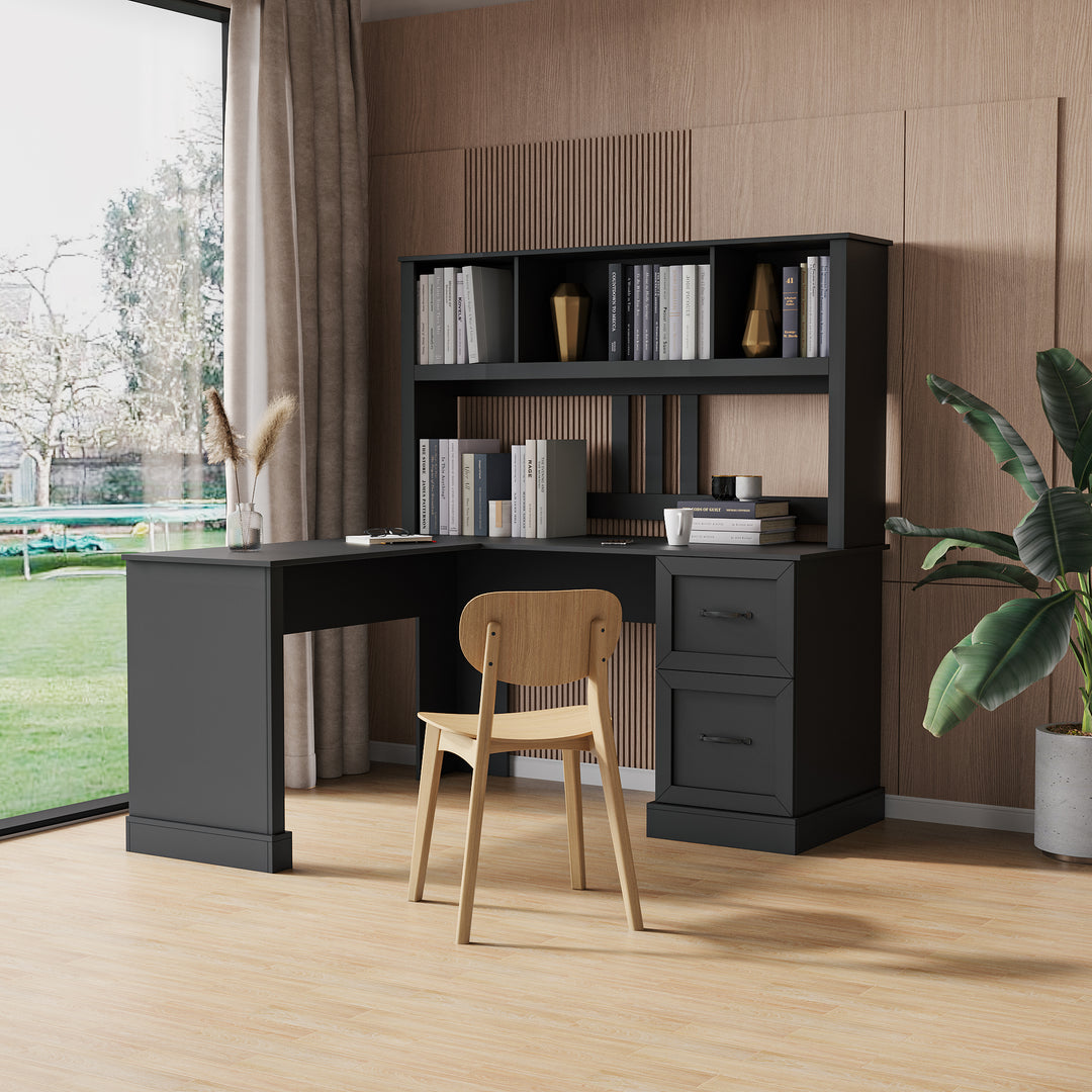 L-Shaped Black Computer Desk With 2 Drawer & 2-Tier Open Shelf