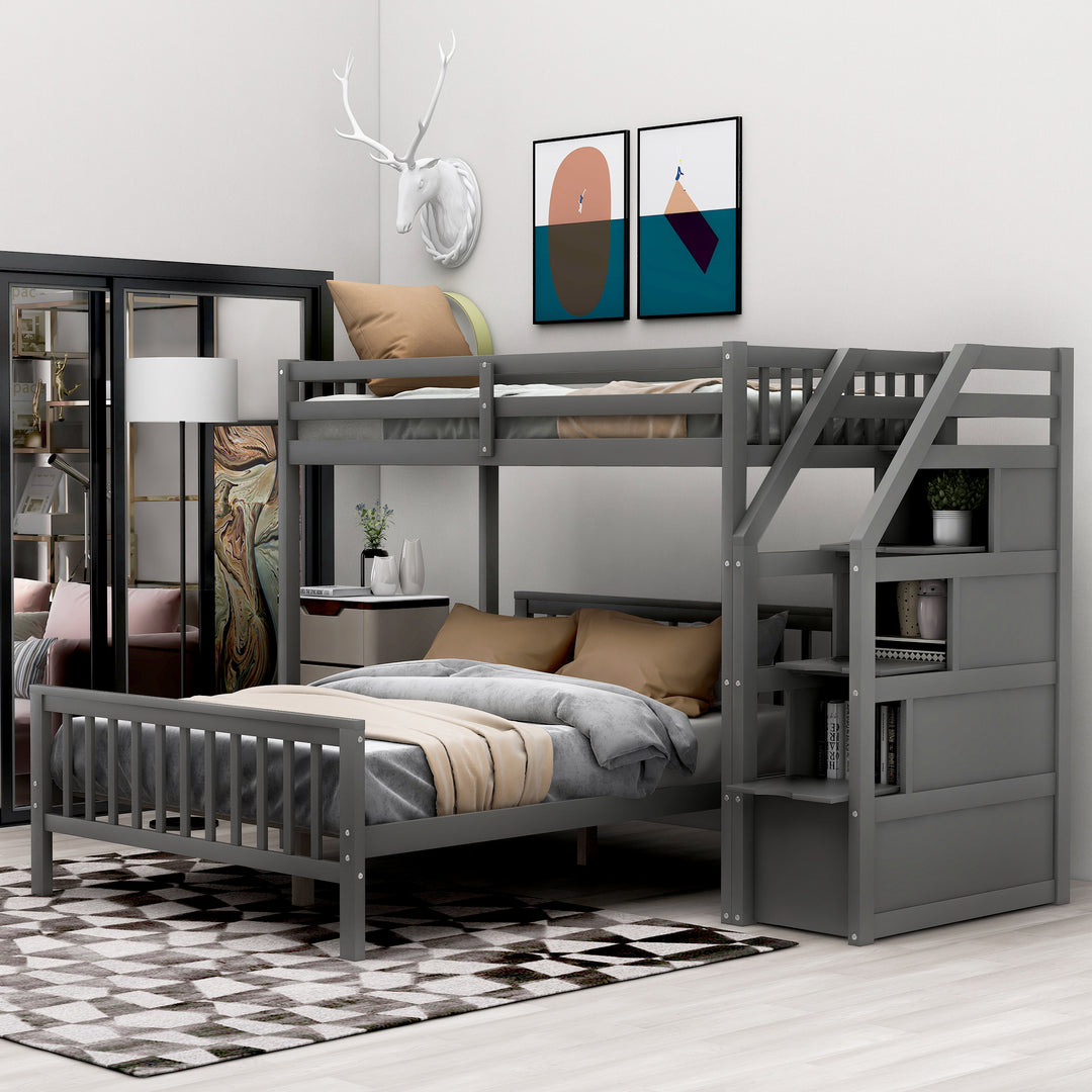 Gray Twin over Full Loft Bed with Staircase