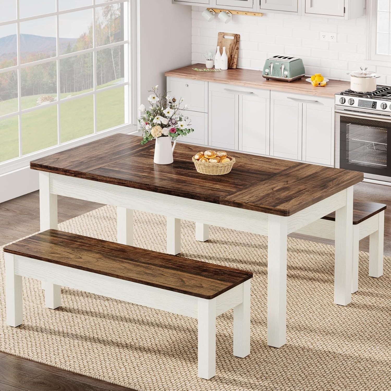 55' Farmhouse 3-Piece Dining Table Set with 2 Tuck-Under Benches