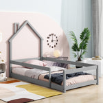 Load image into Gallery viewer, Twin Size Wood Grey Bed With House-Shaped Headboard Floor Bed With Fences
