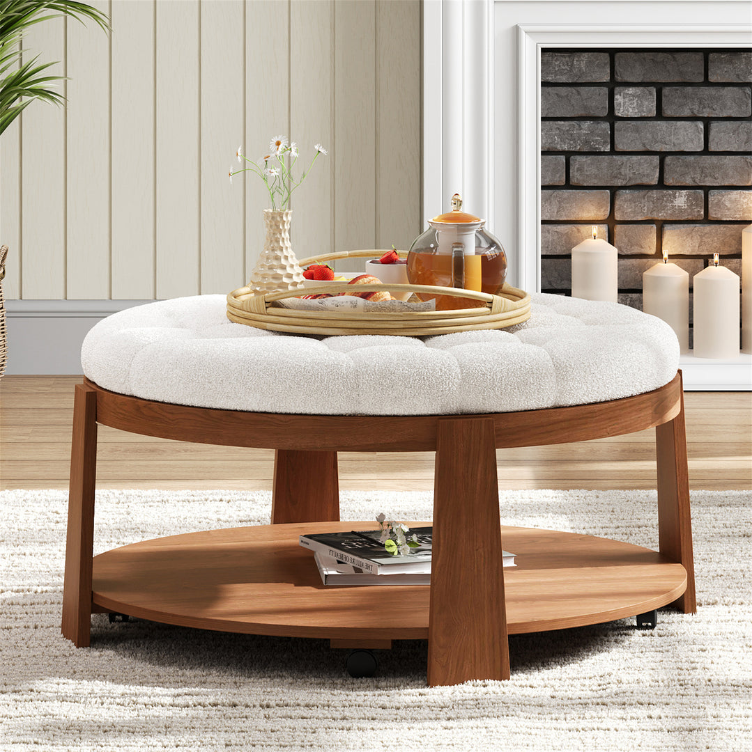 Modern Large 2-Tier Oversized Button Tufted Round Coffee Table with Wheels