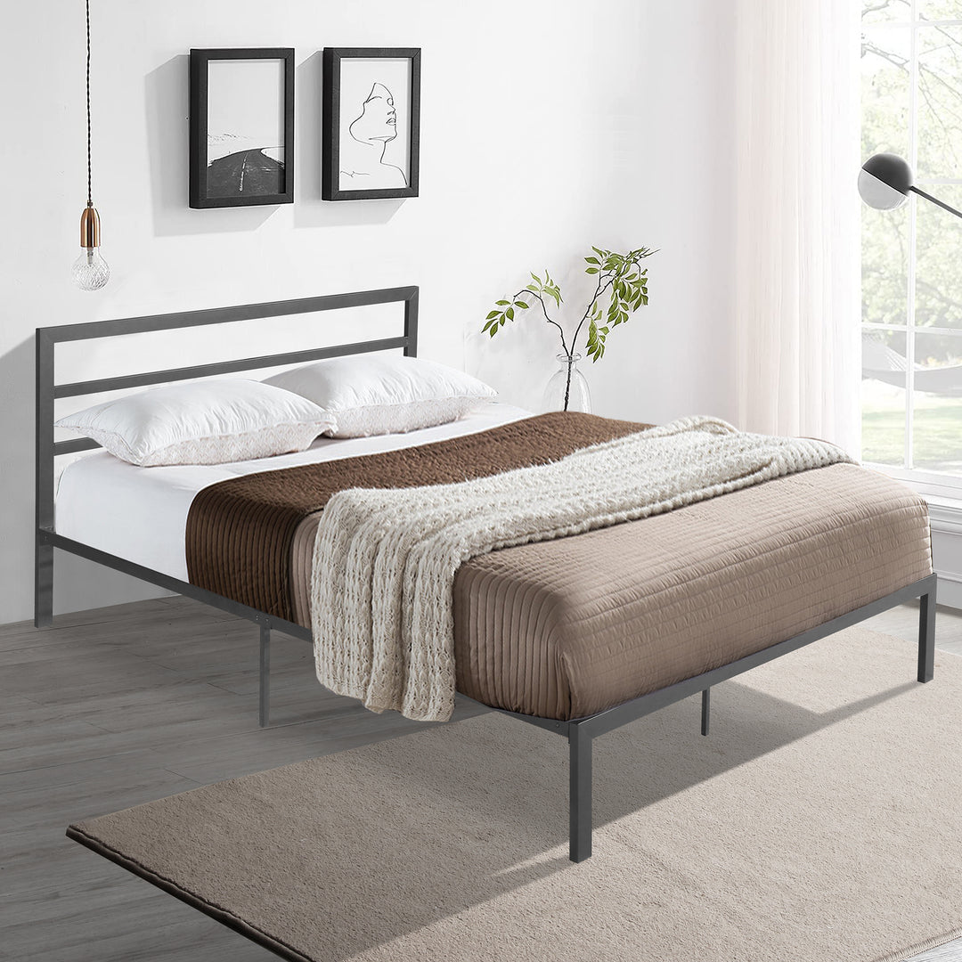 Queen Size Metal Charcoal Grey Bed Frame with Headboard
