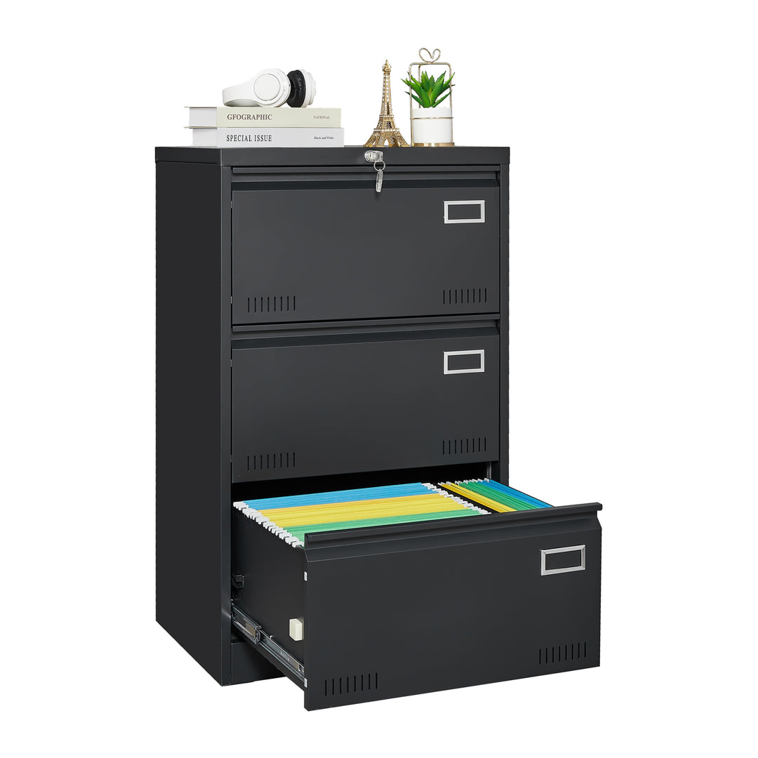 Black Metal 3-Drawer Lateral Filing Cabinet with Lock