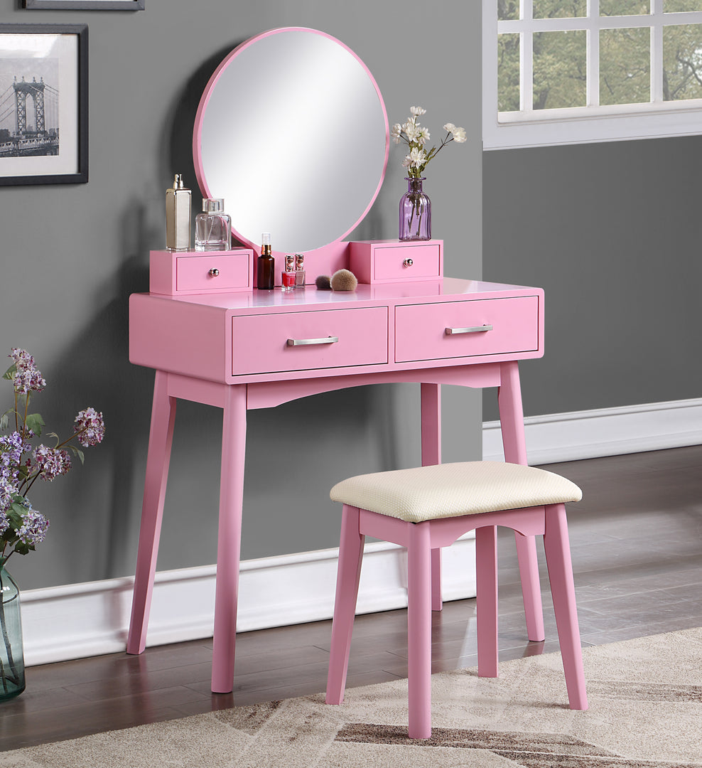 Contemporary Wood Pink Vanity and Stool Set