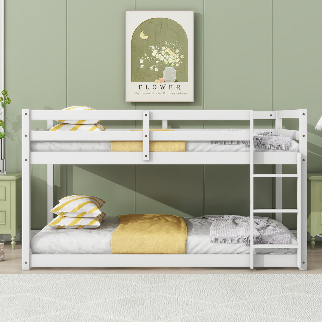 Solid Rubber Wooden Twin over Twin Floor Bunk White Bed with Ladder
